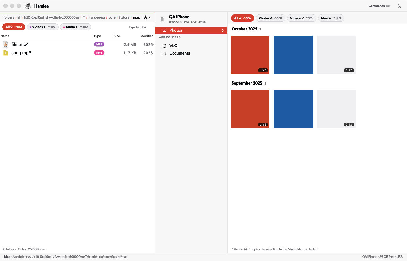 The Handee window on a test device: a Mac folder with 2 files on the left, a sidebar with the device, Photos and 2 app folders in the middle, and the camera roll on the right grouped by month, with filter pills for All, Photos, Videos and New