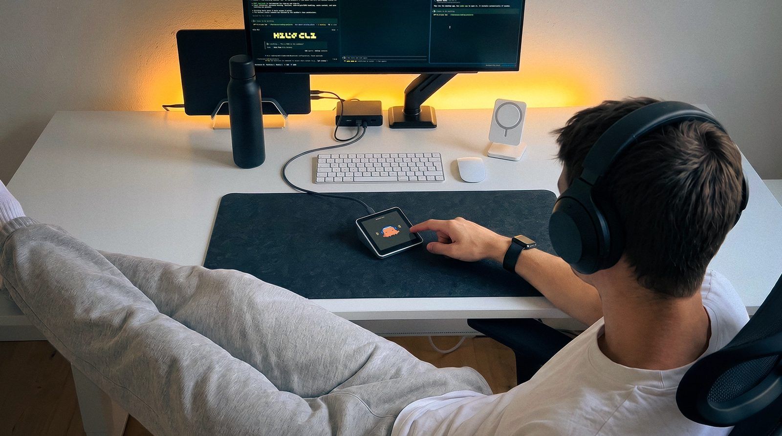 Developer with headphones leaning back at a white desk, feet up, tapping a silver Harness Pro on the desk mat while a monitor shows terminal sessions
