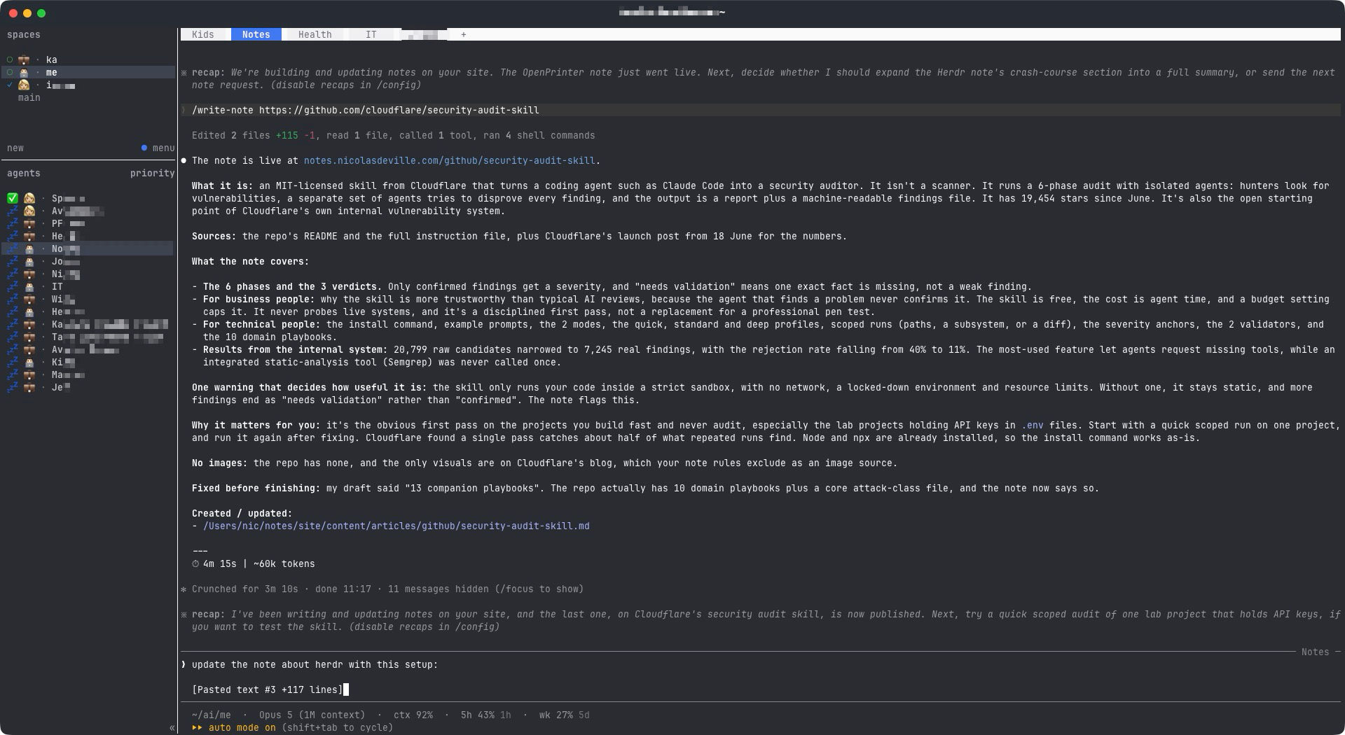 Herdr in Ghostty: the sidebar lists spaces and agents, each row with a status icon, a space emoji and a white name, beside a Claude Code session in the main pane