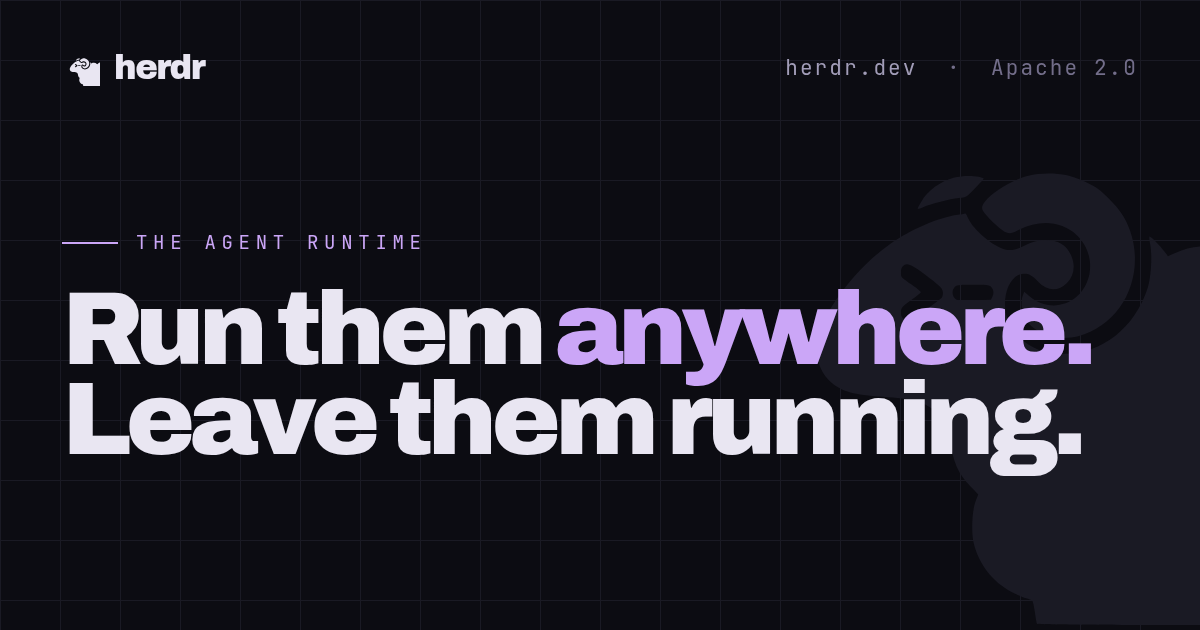 Dark title card with the Herdr sheep logo, the label THE AGENT RUNTIME, and the line Run them anywhere. Leave them running., marked Apache 2.0