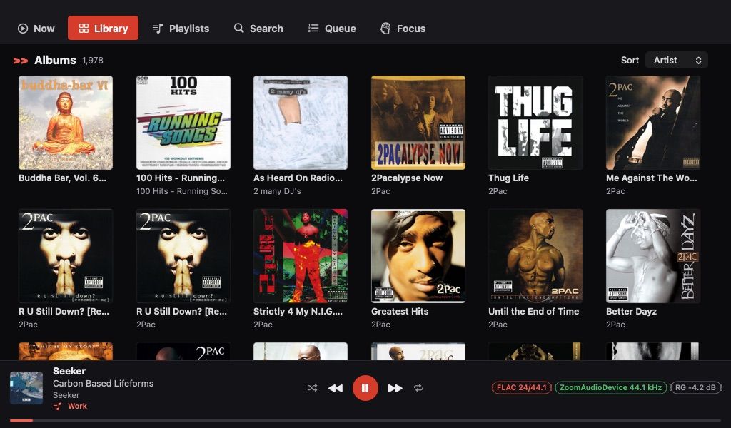 Hifee at 1024 by 600 pixels: a row of tabs at the top (Now, Library, Playlists, Search, Queue, Focus), an album grid, and a compact player bar