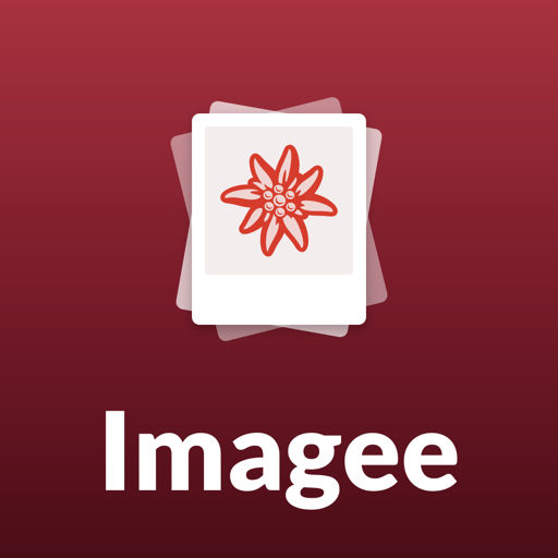 The Imagee app icon: a stack of fanned white photo prints with a red edelweiss on a burgundy gradient square, with the name Imagee under it