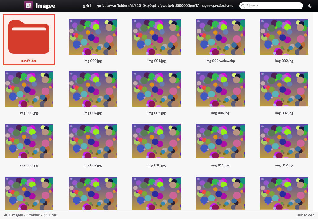 The Imagee folder grid in light mode: a red sub folder cell first, then rows of identical synthetic test images with coloured circles, and a status bar reading 401 images, 1 folder, 51.1 MB