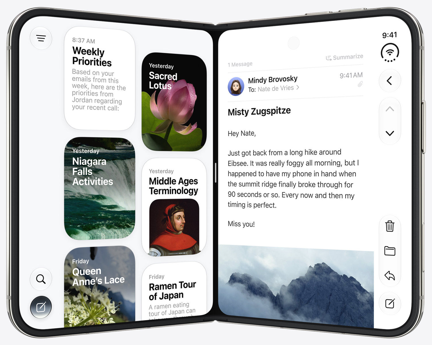 iPhone Duo standing open in book position, Siri suggestions on the left panel and a Mail message on the right, with the hinge running down the middle