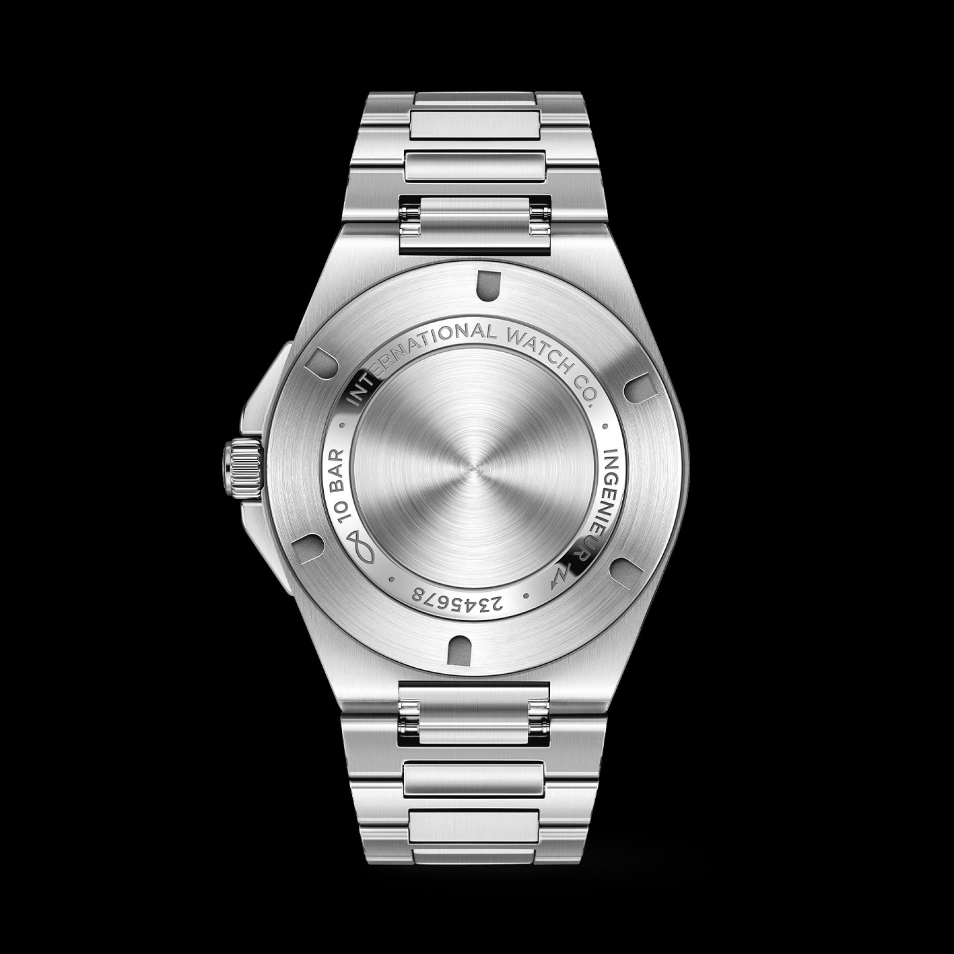 The solid steel caseback engraved INTERNATIONAL WATCH CO, INGENIEUR and 10 BAR, hiding the soft-iron antimagnetic inner case