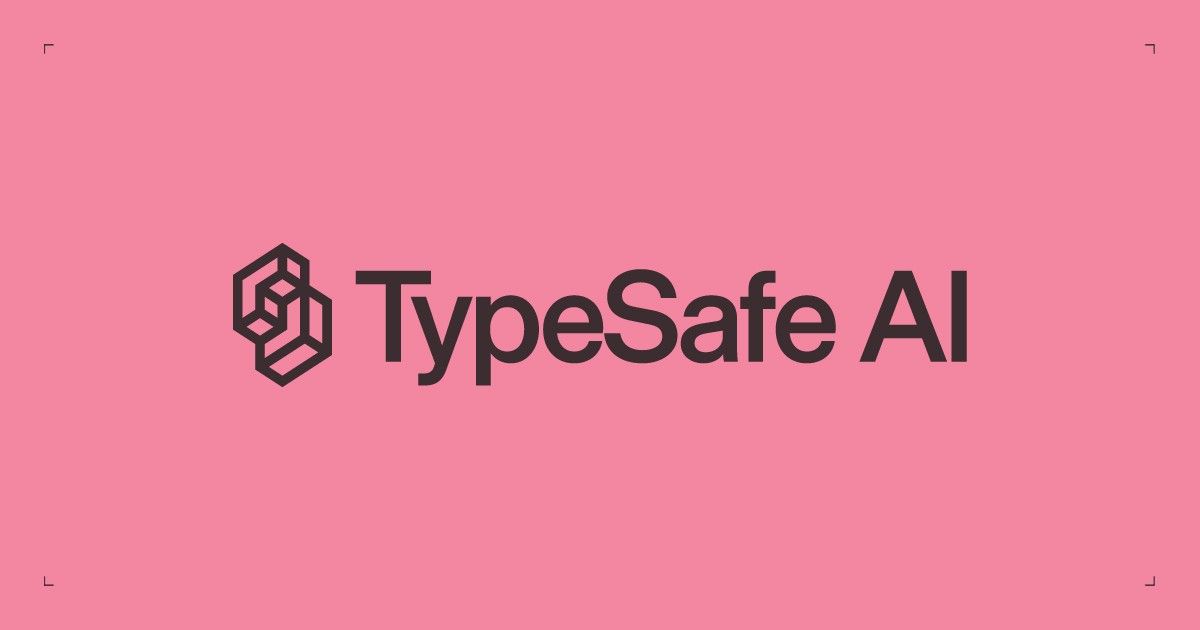 TypeSafe AI wordmark and cube logo in dark grey on a pink brand card