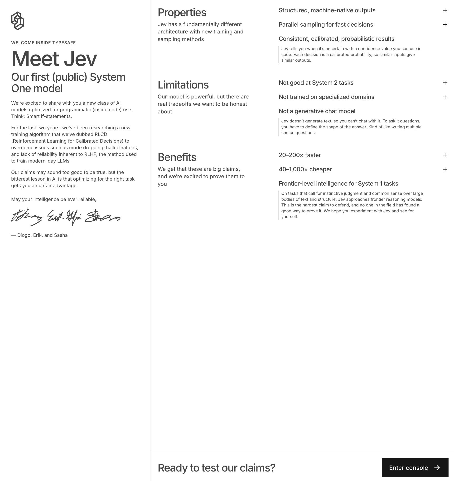 TypeSafe welcome screen: a letter titled Meet Jev signed by Diogo, Erik and Sasha, beside columns listing properties, limitations and benefits, with an Enter console button