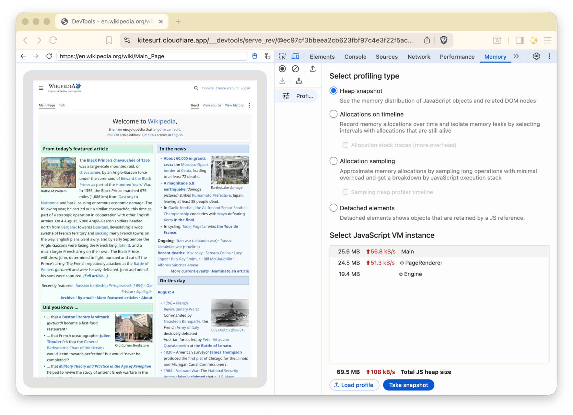 Chrome DevTools connected to Kitesurf rendering the Wikipedia main page, with the Memory panel listing three VM instances totalling 69.5 MB of JS heap