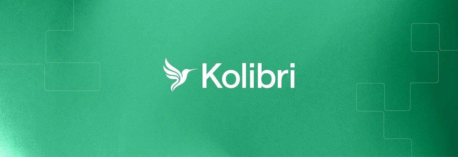 Kolibri banner: the white Kolibri hummingbird logo and wordmark centred on a green gradient background with faint pixel-block patterns
