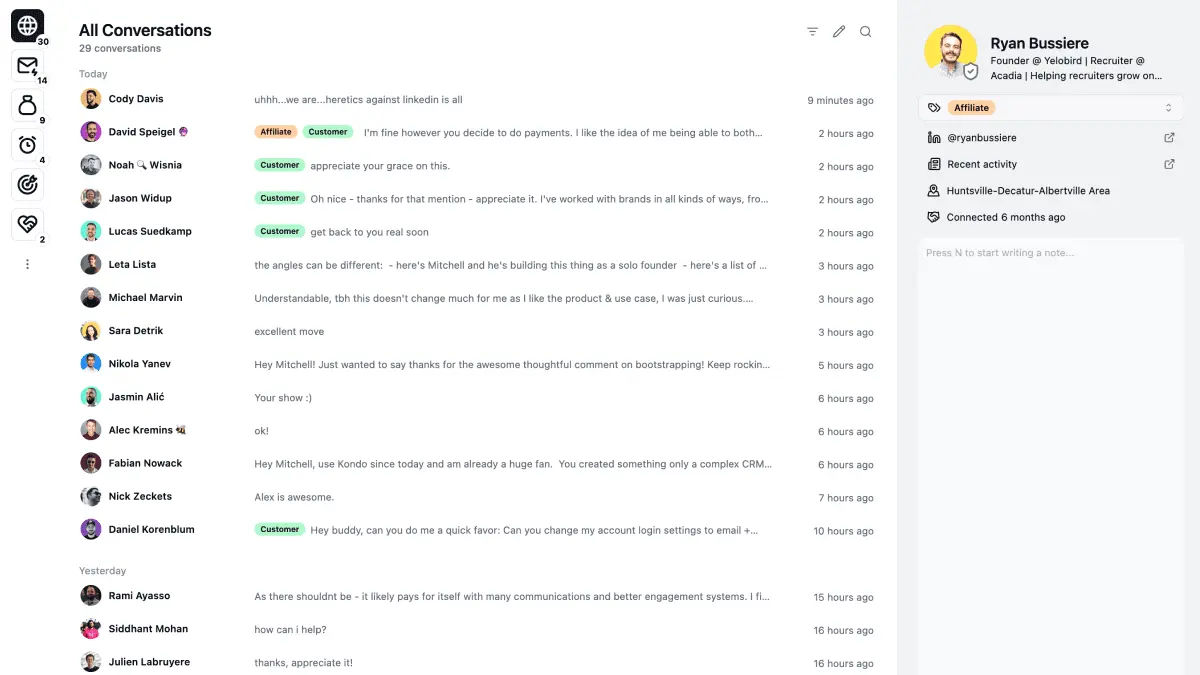 Kondo inbox showing a single list of LinkedIn conversations with coloured Customer and Affiliate labels, and a contact pane on the right with profile details and a notes field