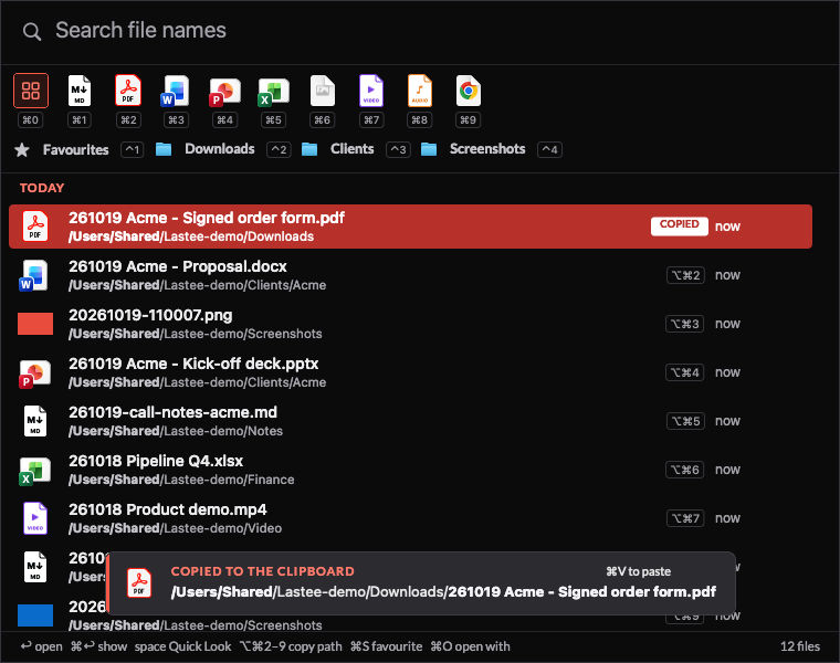 The Lastee window in dark mode: a search field, a row of file type filters with their keys, a row of folder filters, today's files with the first row selected in solid red and marked COPIED, Option-Command shortcuts on the next rows, and a dark notification over the last rows that shows the copied path