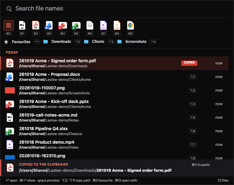 The Lastee window in dark mode: a search field, a row of file type filters with their keys, a row of folder filters, today's files with a COPIED label on the first row and option-key shortcuts on the next rows, and a notice bar at the bottom that shows the copied path