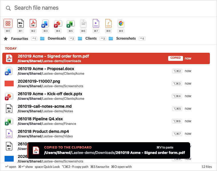 The Lastee window in light mode: the same layout with a white background, the selected row in solid red and black text