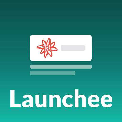 The Launchee app icon: a white launcher bar with a red edelweiss on a teal gradient square, with the name Launchee under it