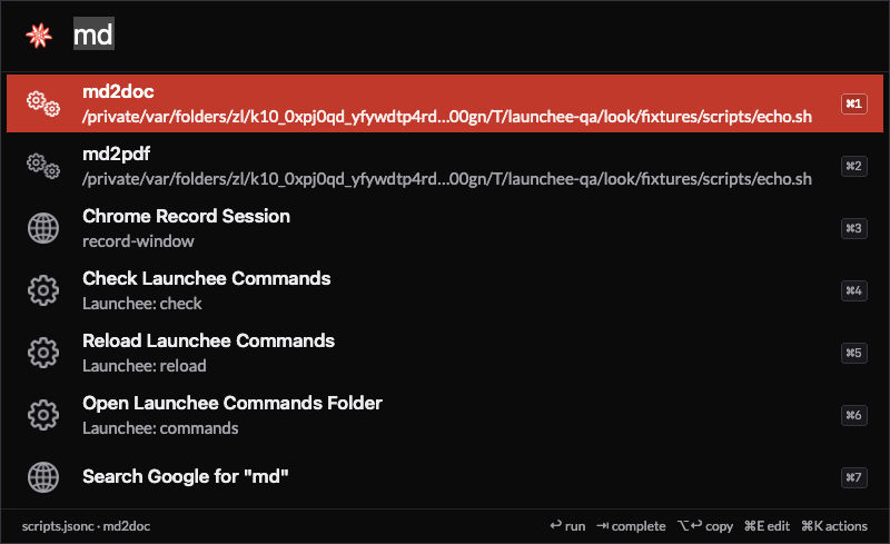 The Launchee bar in dark mode on QA test data: the query 'md' with md2doc selected in red and md2pdf under it, then built-in commands to check, reload and open the Launchee commands, and a Google search fallback
