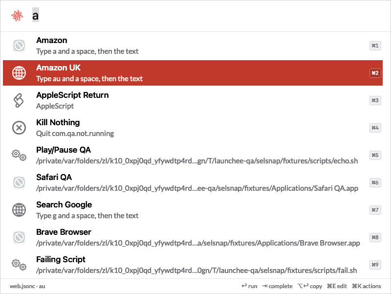 The Launchee bar in light mode on QA test data: the edelweiss logo and the query 'a', then 9 rows with icons, titles, subtitles and ⌘1 to ⌘9 key caps, the second row 'Amazon UK' selected as a solid red block, and a footer with the pack name and the keys