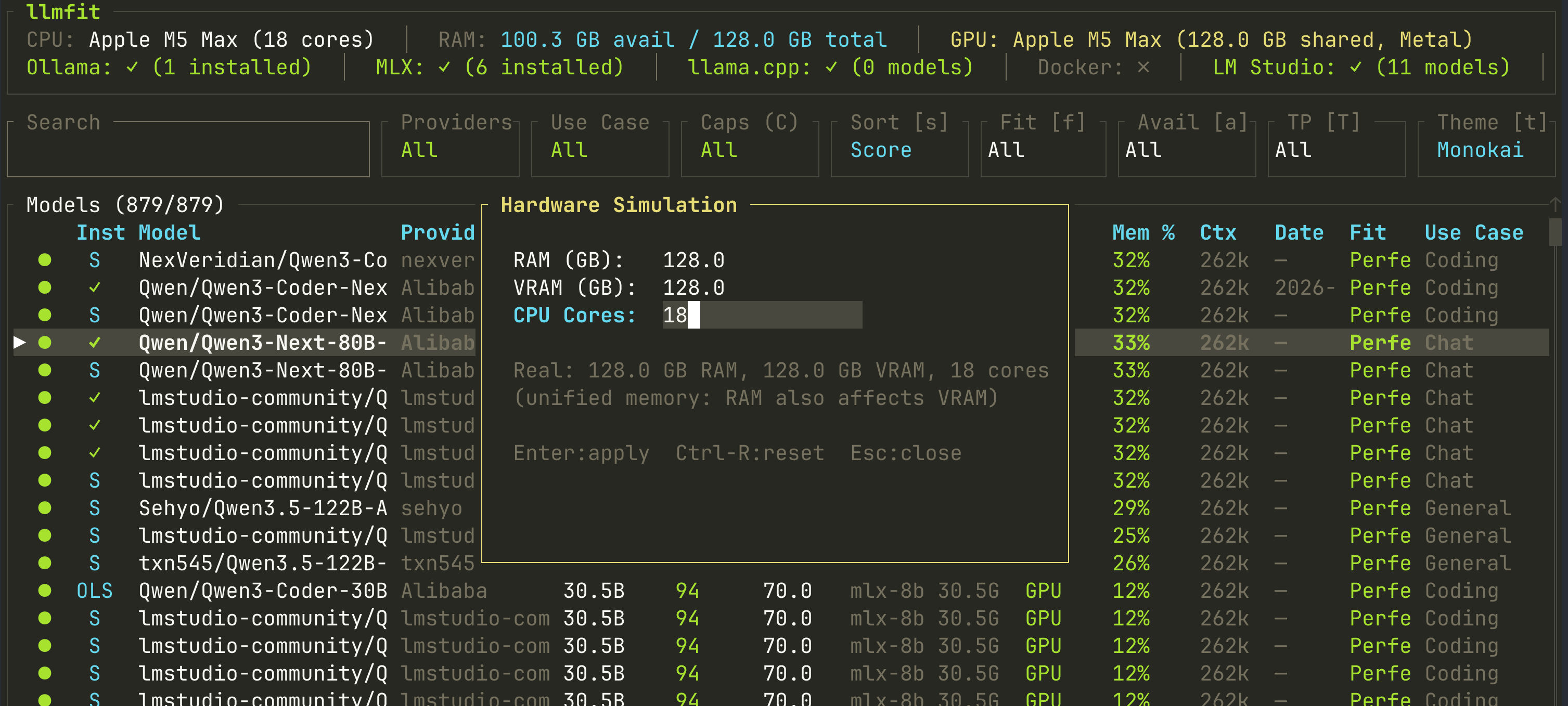 llmfit terminal interface listing 879 models ranked by fit, with a hardware simulation popup set to 128 GB RAM and 18 CPU cores