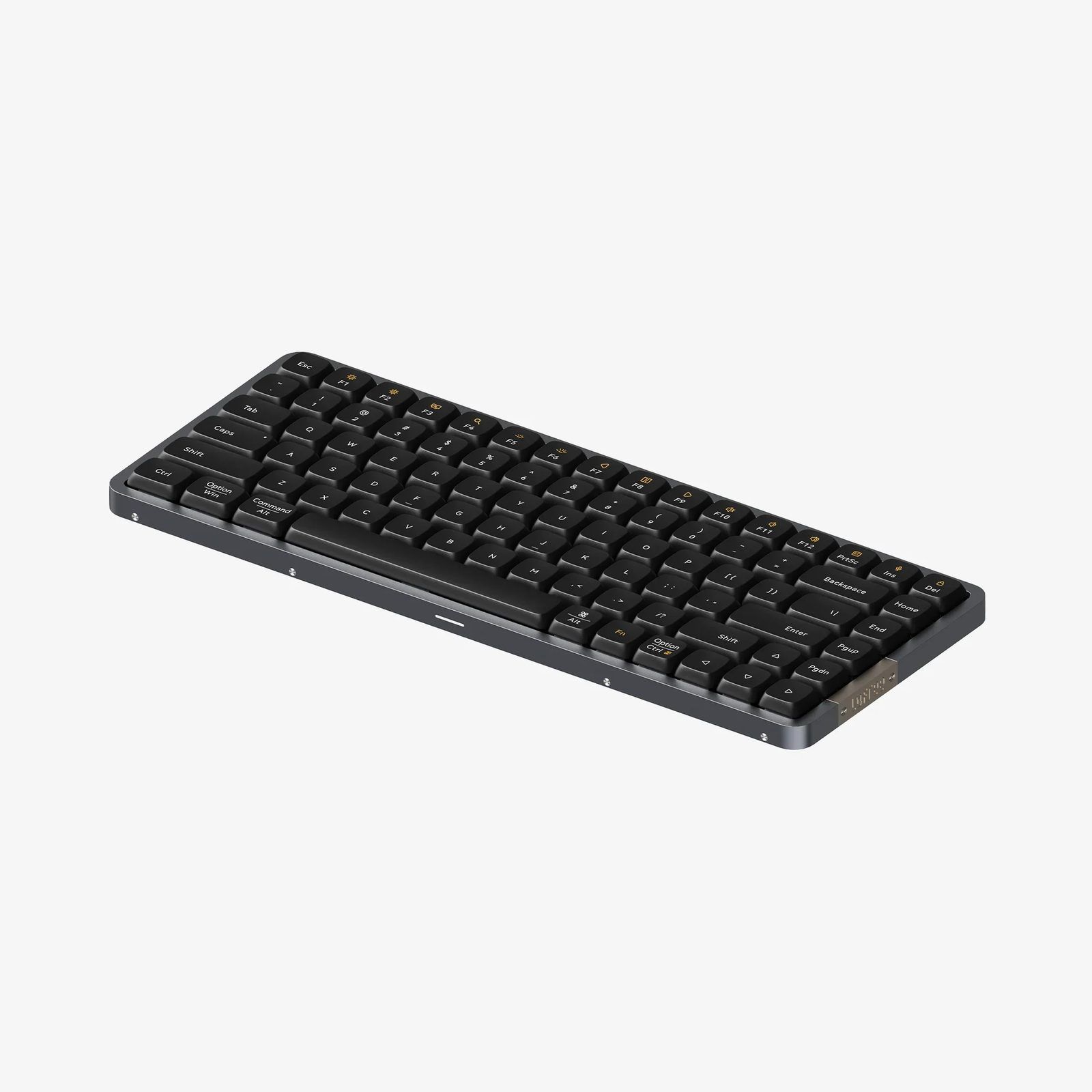 Lofree Flow84 in black with dark grey keycaps and a gunmetal aluminium base, angled three-quarter view