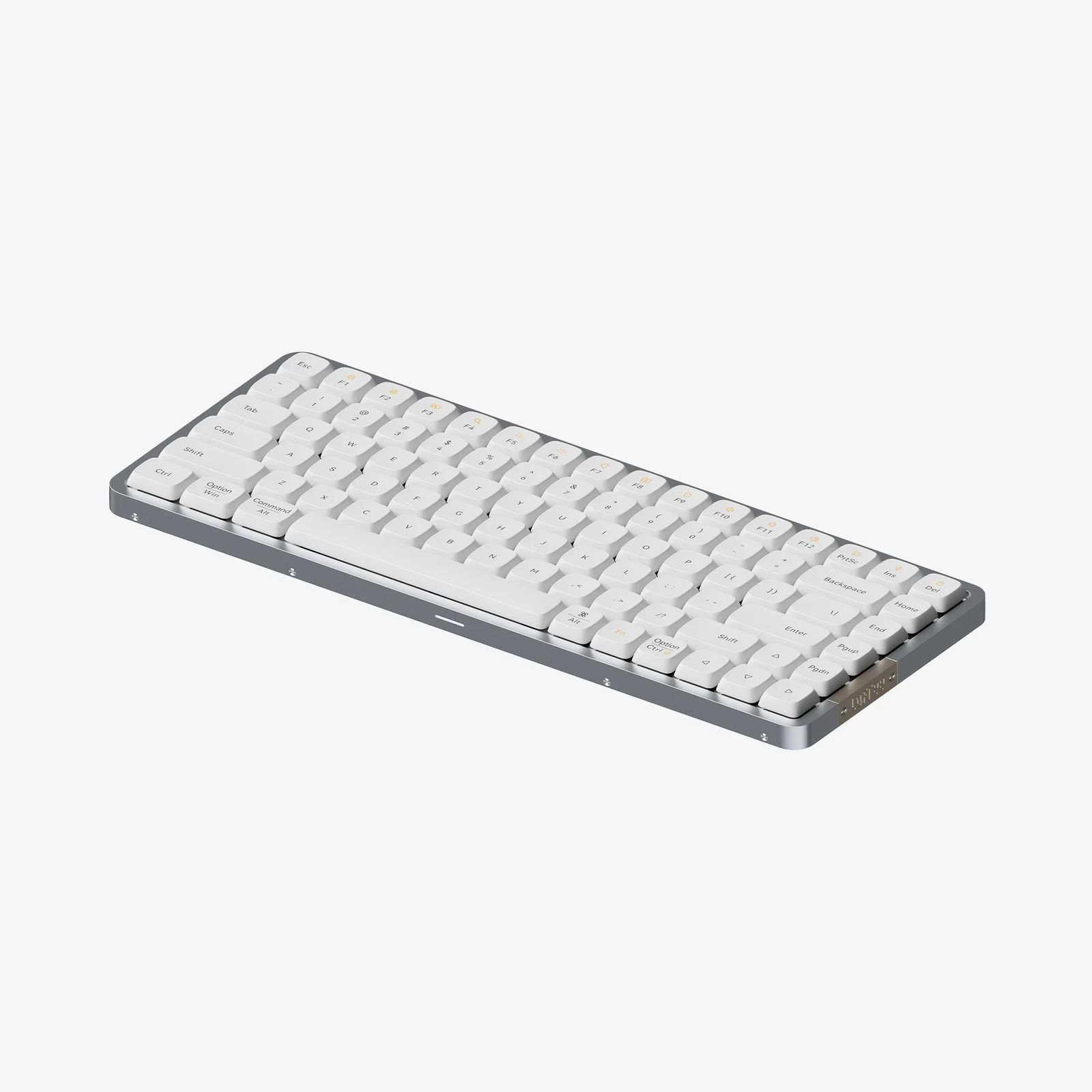 Lofree Flow84 in white, a slim 75% keyboard with rounded low-profile keycaps on a grey aluminium base, shot at an angle