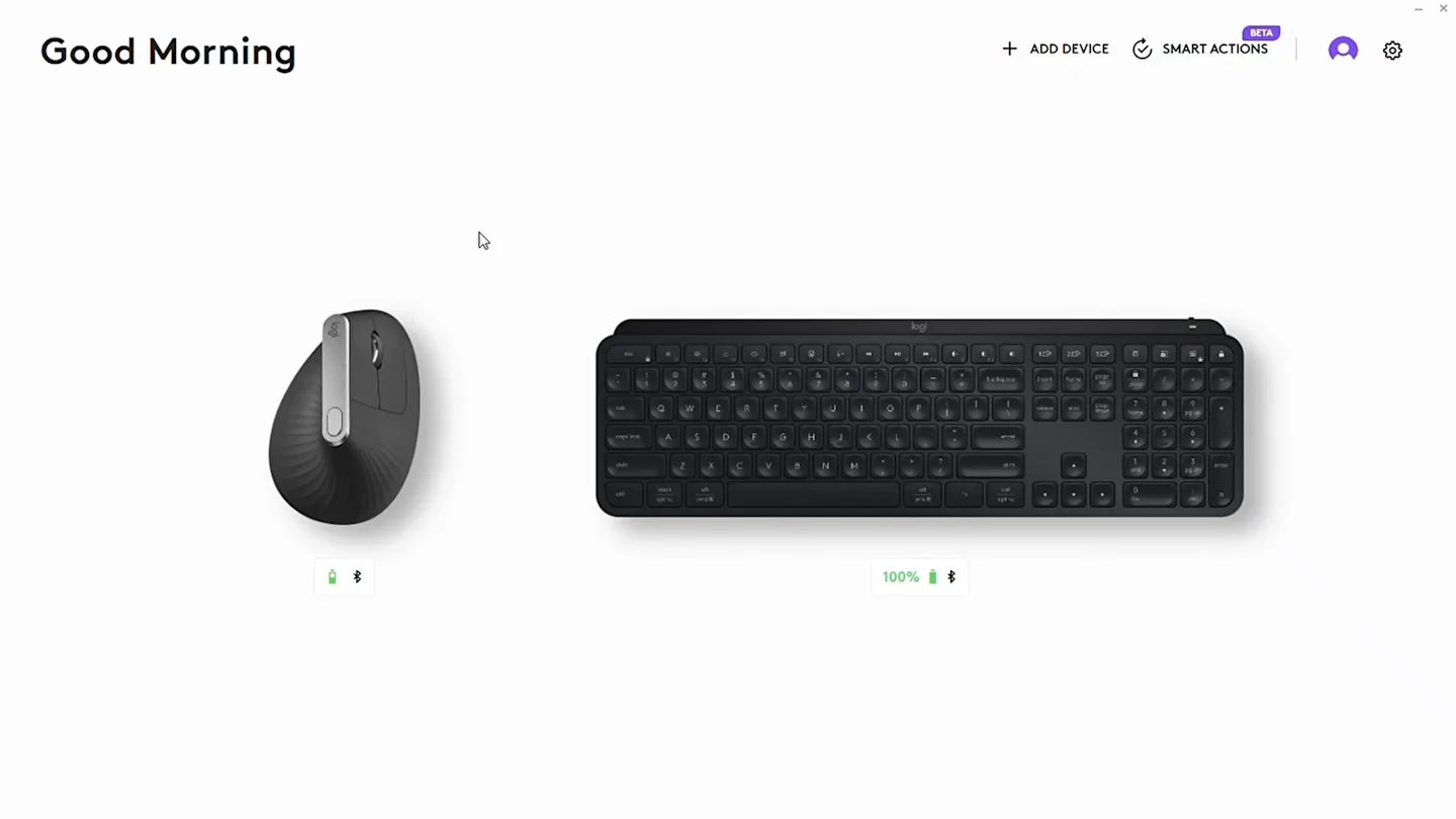The Logi Options+ dashboard listing a paired mouse and keyboard with their battery levels