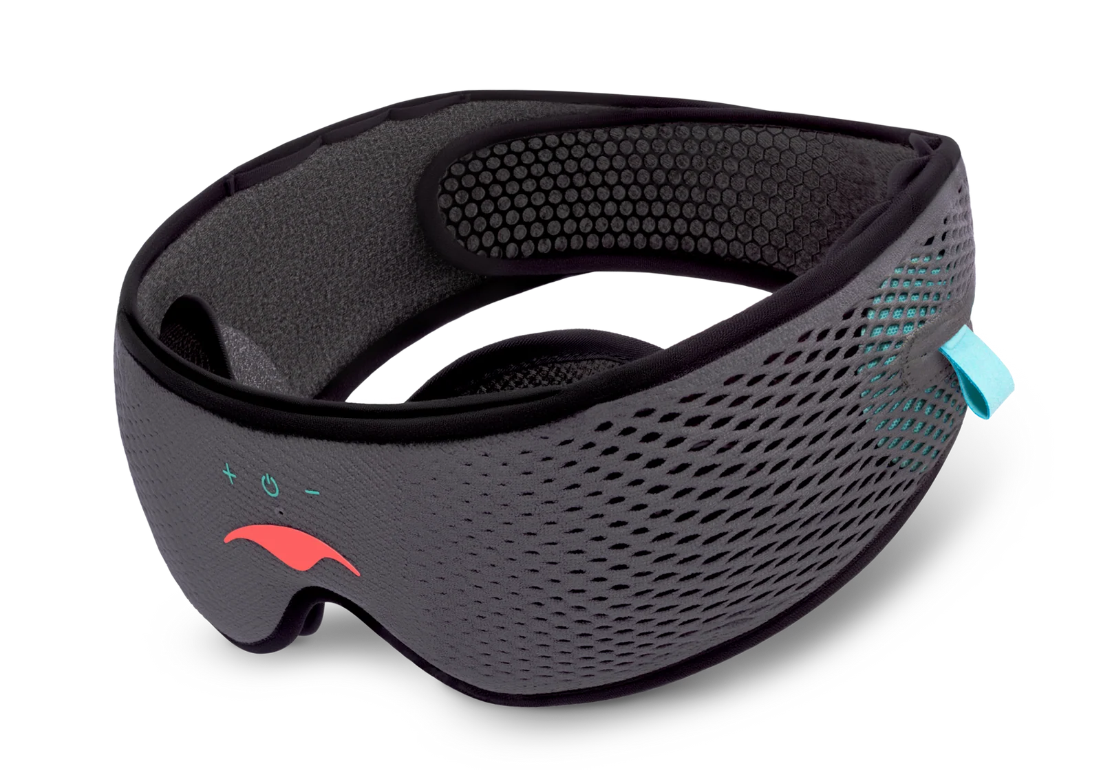 Manta sleep mask in grey with adjustable eye cups, a mesh outer shell and a teal pull tab
