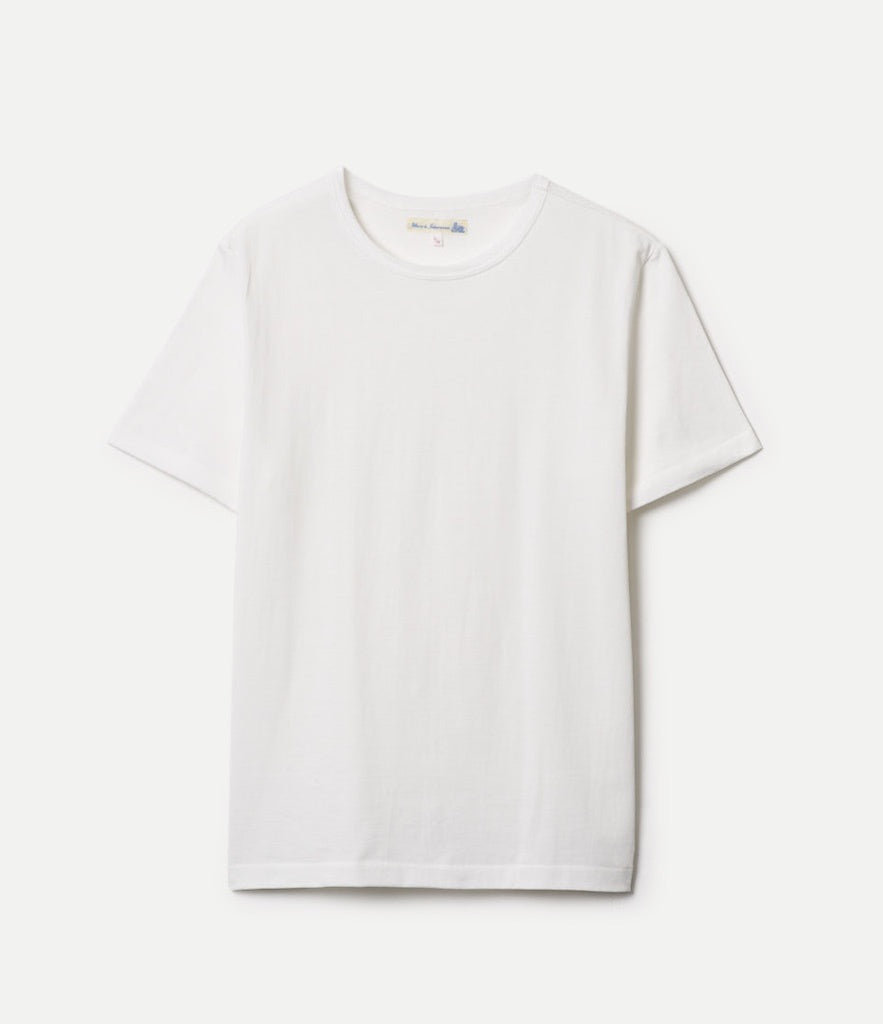 215 loopwheeled t-shirt laid flat in white, showing the paneled crew neck, the small woven neck label and the clean seamless sides