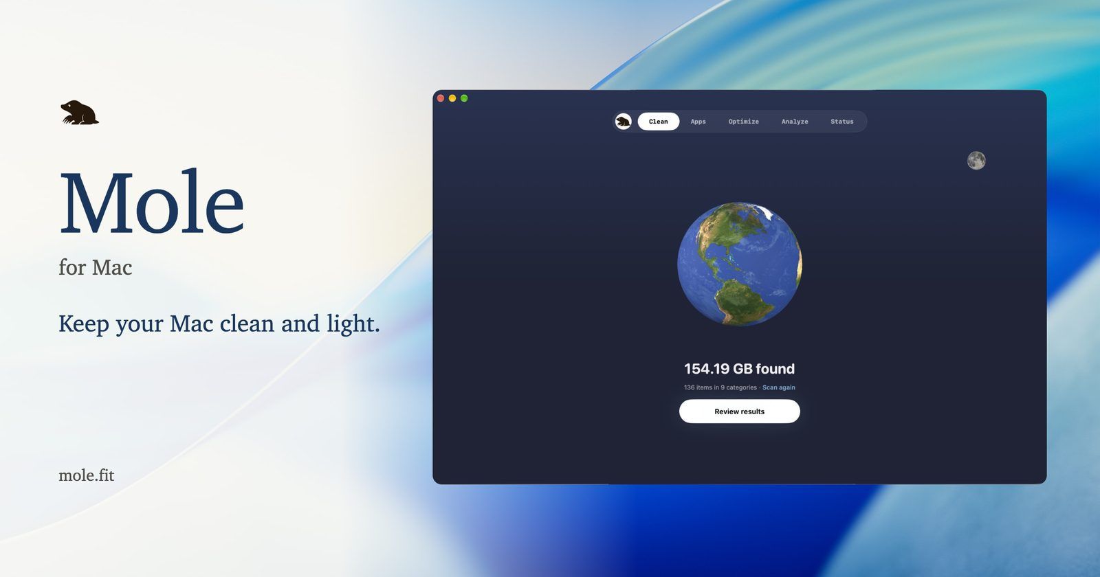 Mole for Mac window on its Clean tab, a globe above the line 154.19 GB found, 136 items in 9 categories, and a Review results button