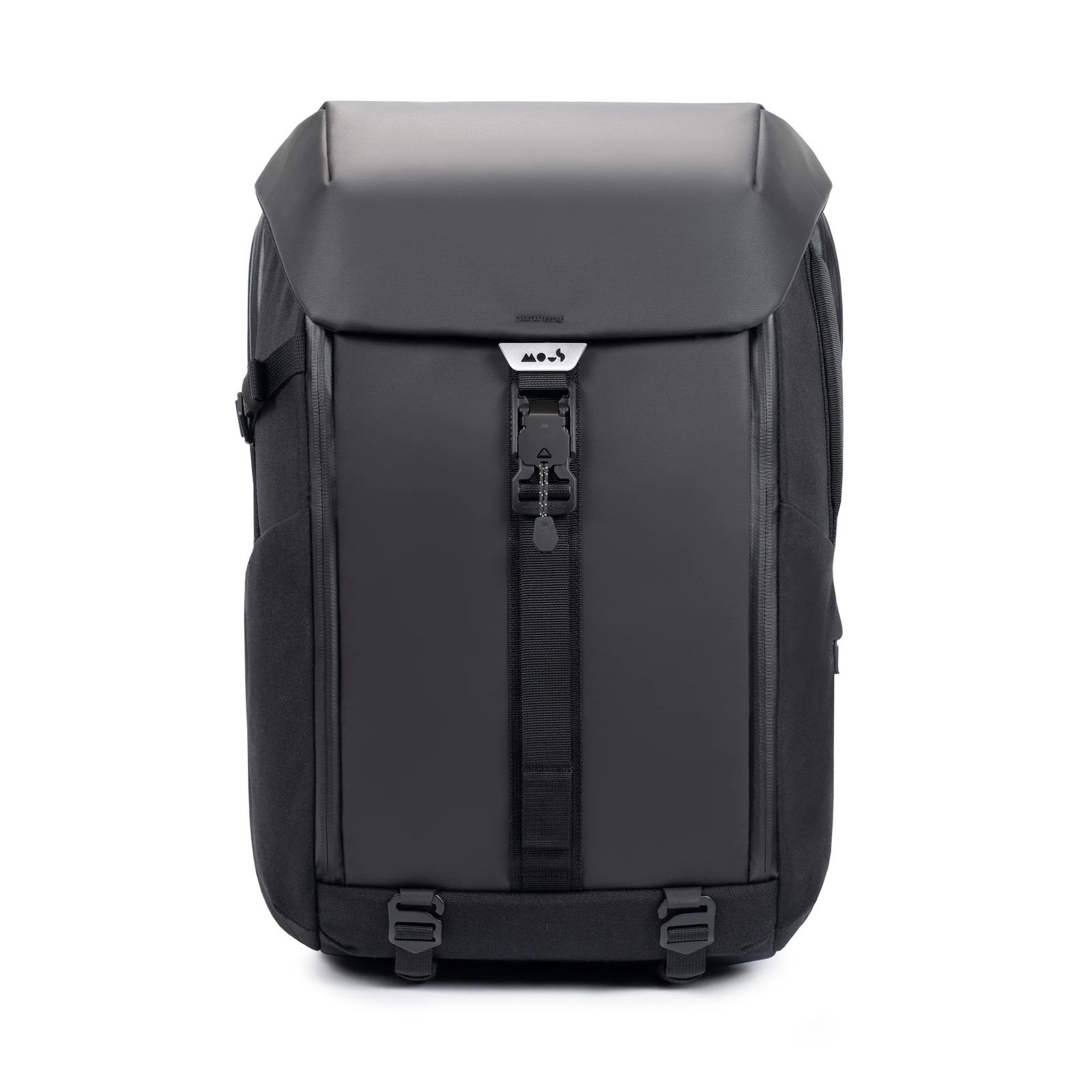 Mous Extreme Commuter backpack in black, front view showing the hard top flap and central buckle