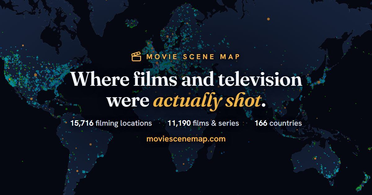Dark world map covered in coloured dots marking filming locations, under the line Where films and television were actually shot