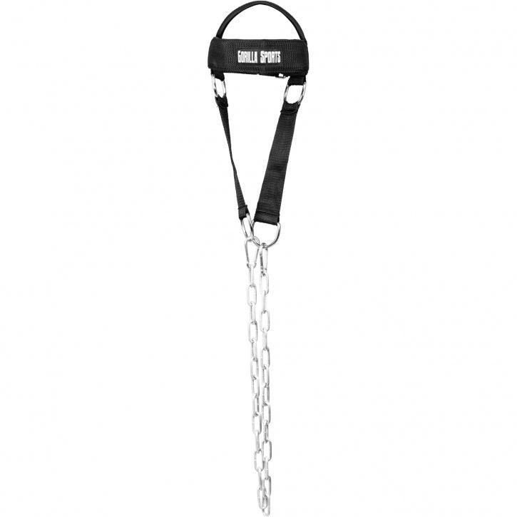 A black padded neoprene head harness with an adjustable strap and a steel chain with carabiner clips for hanging weight plates