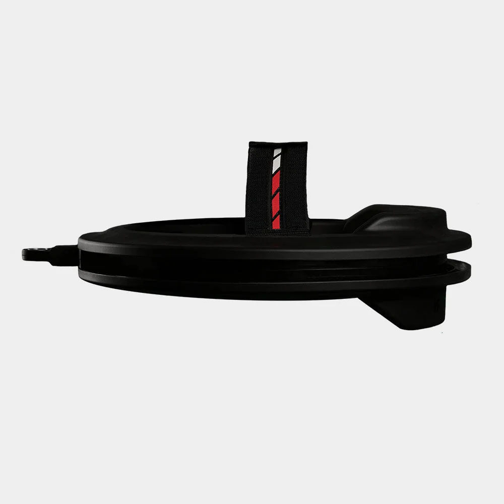 The Iron Neck collar shown side-on against white, a black moulded ring with an inner rotating track and a red and white head strap