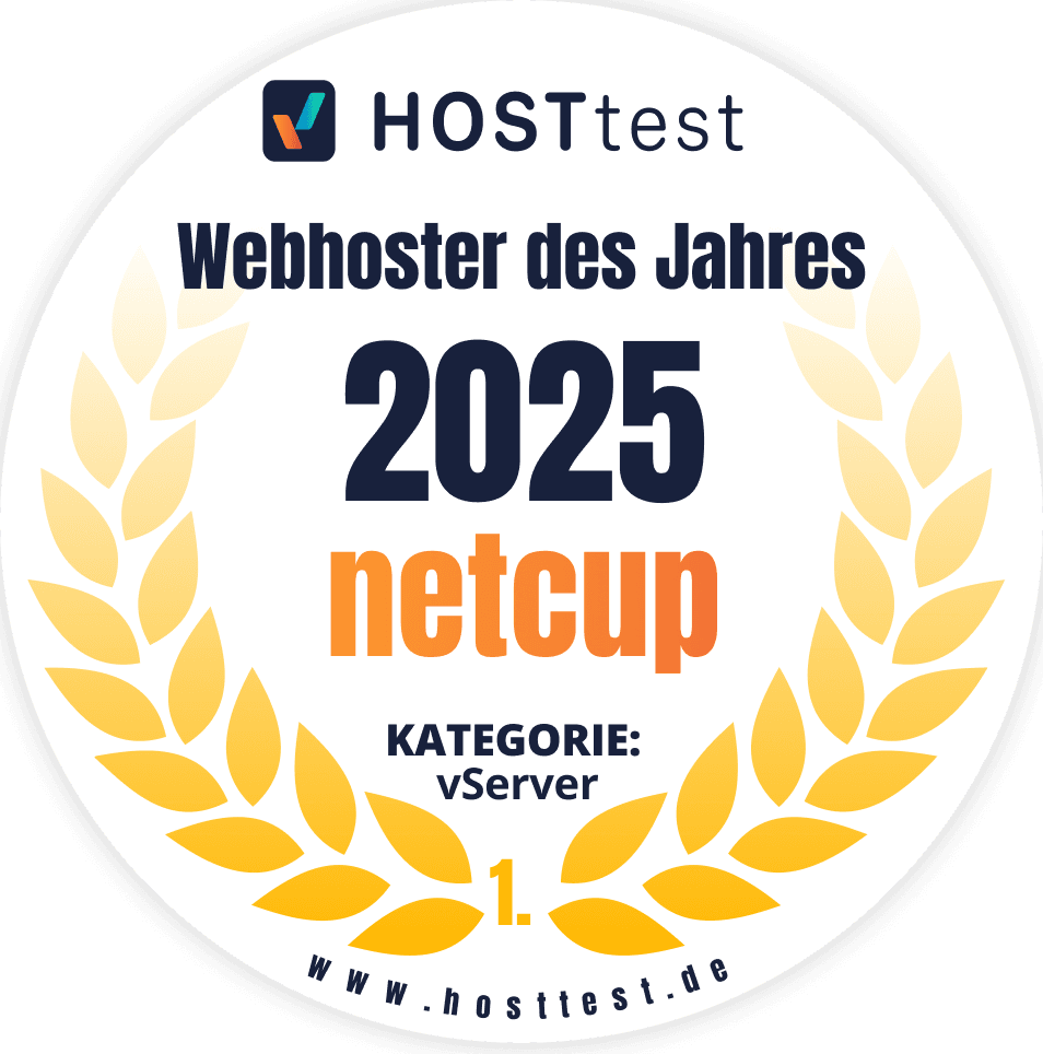 HOSTtest badge naming netcup Webhoster of the Year 2025, first place in the vServer category