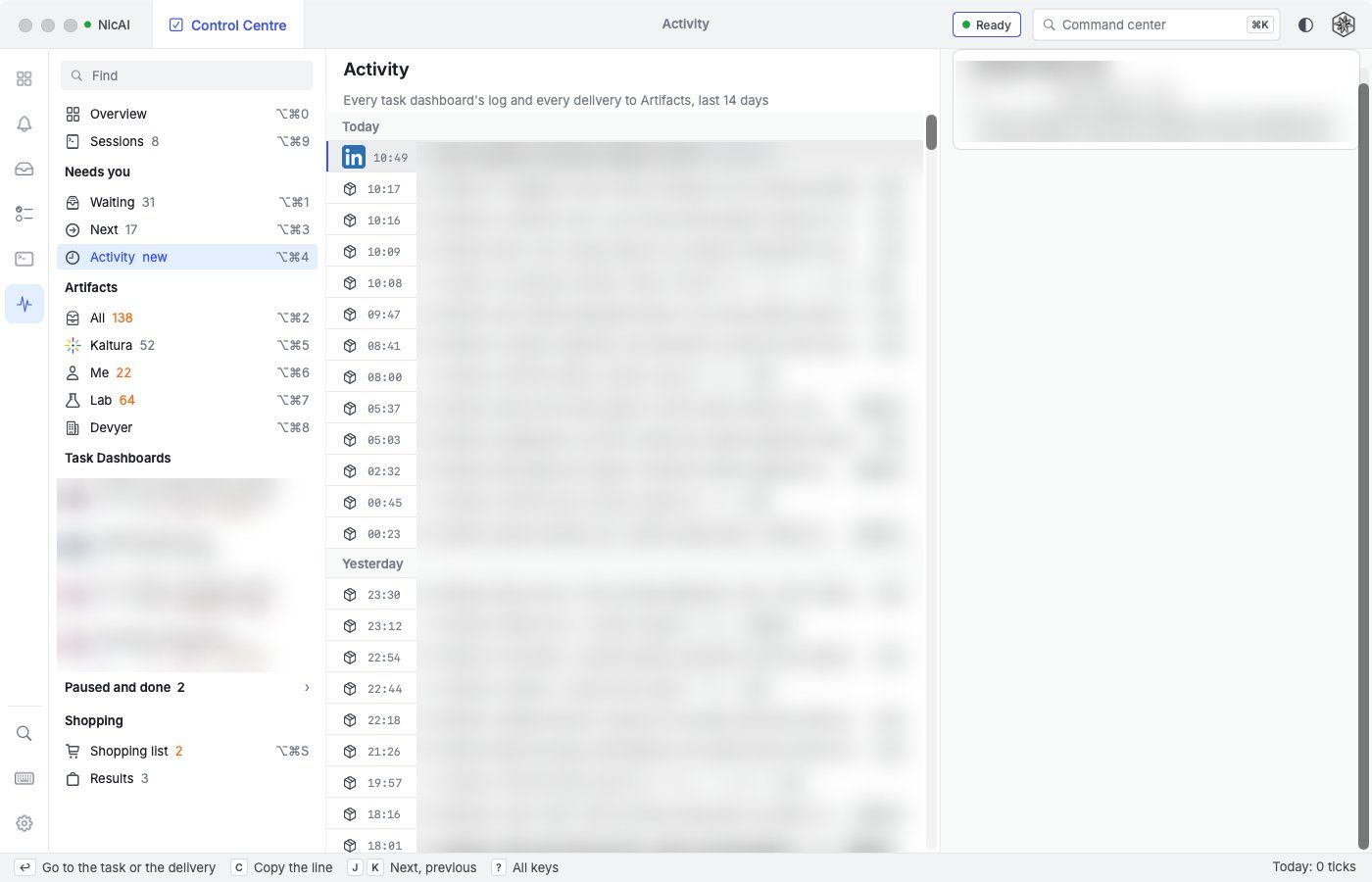 The Activity page: the log of every task and every delivery of the last 14 days, grouped by day, with the times visible and the texts blurred
