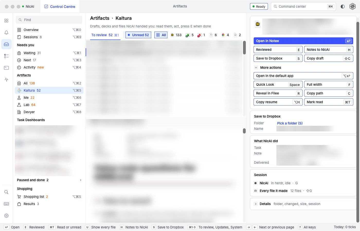The Artifacts page for 1 workspace: a list of 52 unread files with file-type filters, a Markdown preview under it, and the detail panel with buttons that show their keys, with every file name and the preview blurred
