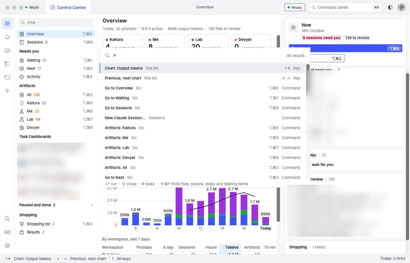 The command center over the Overview: a search field with a greater-than sign and 45 commands listed with their keys, such as Go to Overview, Go to Sessions and New Claude Session