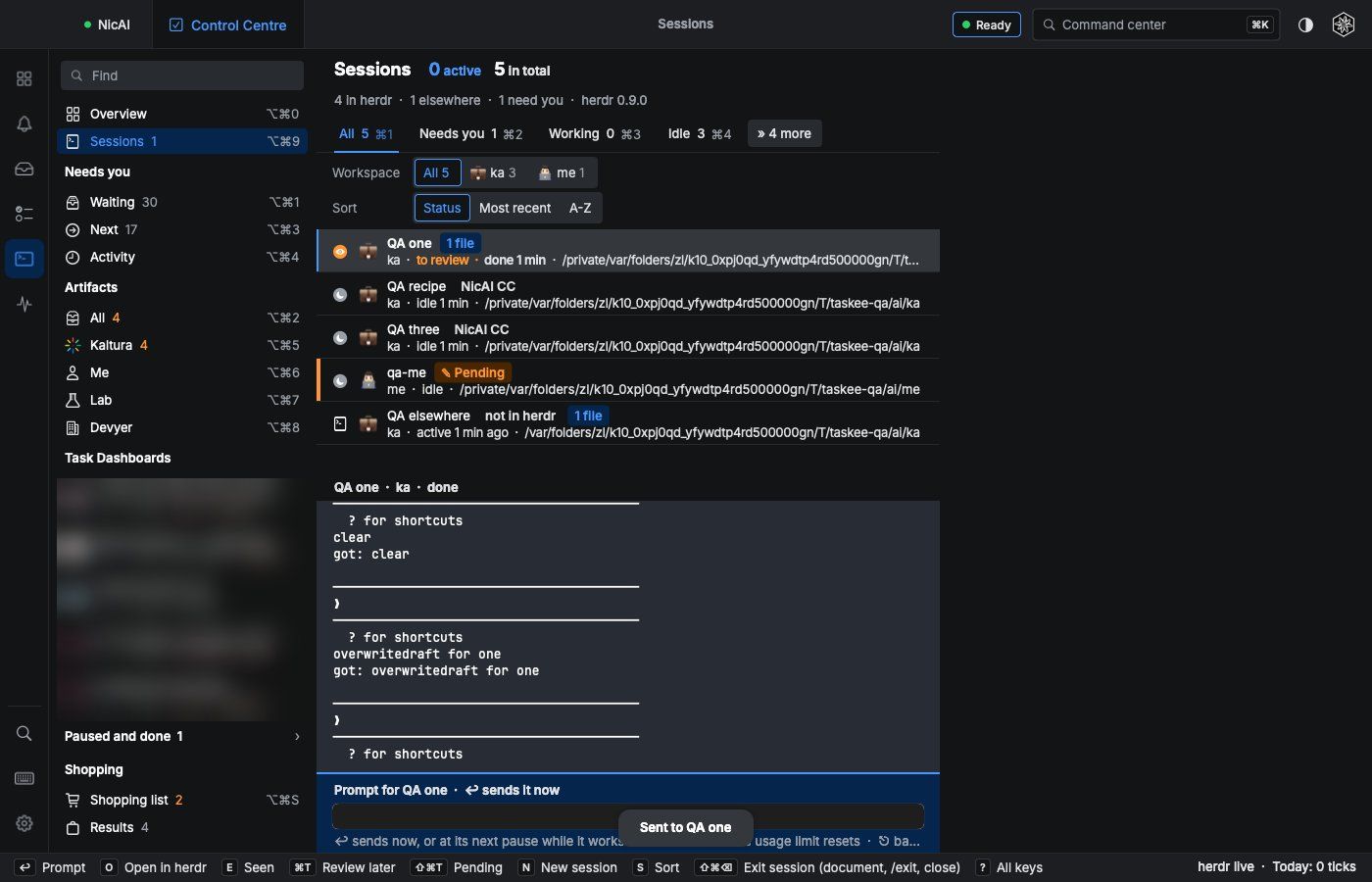 The Sessions page in dark mode, from the test copy of the app: 5 test sessions with their states, 1 marked to review with an orange eye and 1 marked Pending with an orange bar, the selected session's terminal screen in Ghostty colours under the list, and the prompt bar below it