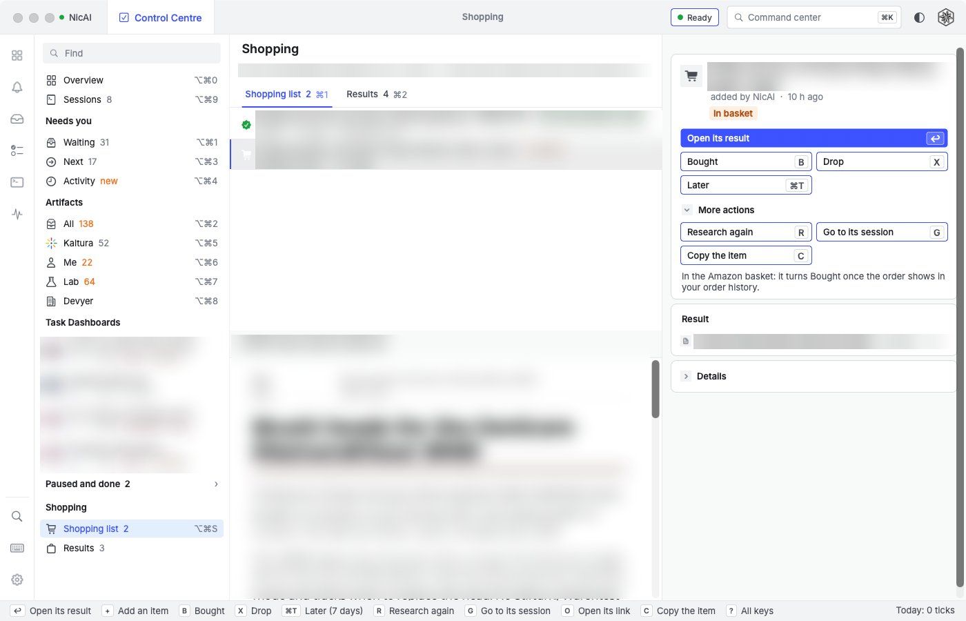 The Shopping list: 2 items, 1 with a recommendation ready and 1 in the basket, the research result previewed under the list, and the actions Bought, Drop, Later and Research again, with the items blurred