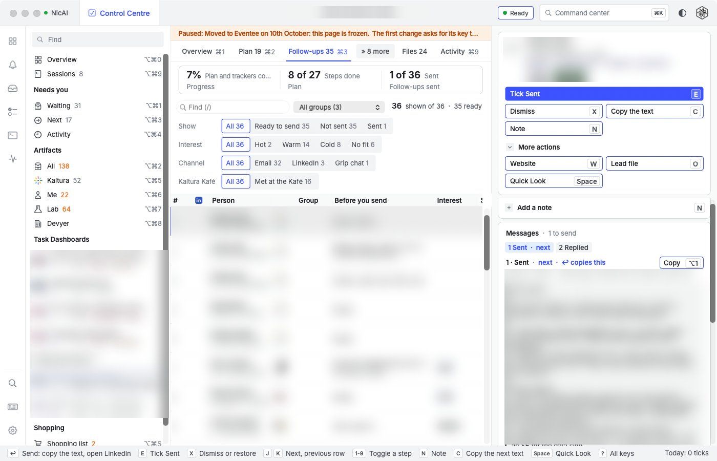 A task dashboard on its Follow-ups tab: progress cards, filter chips for status, interest and channel, a table of people, and the message to send in the detail panel, with the task name, the people and the message blurred