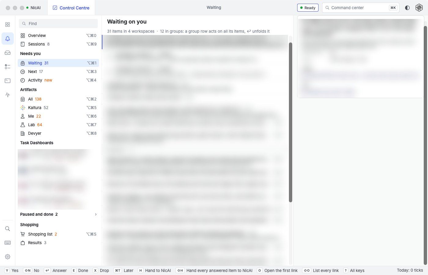 The Waiting page: 31 items in 4 workspaces, grouped, with the item texts and the detail panel blurred, and the keys Yes, No, Answer, Done, Drop, Later and Hand to NicAI in the status bar