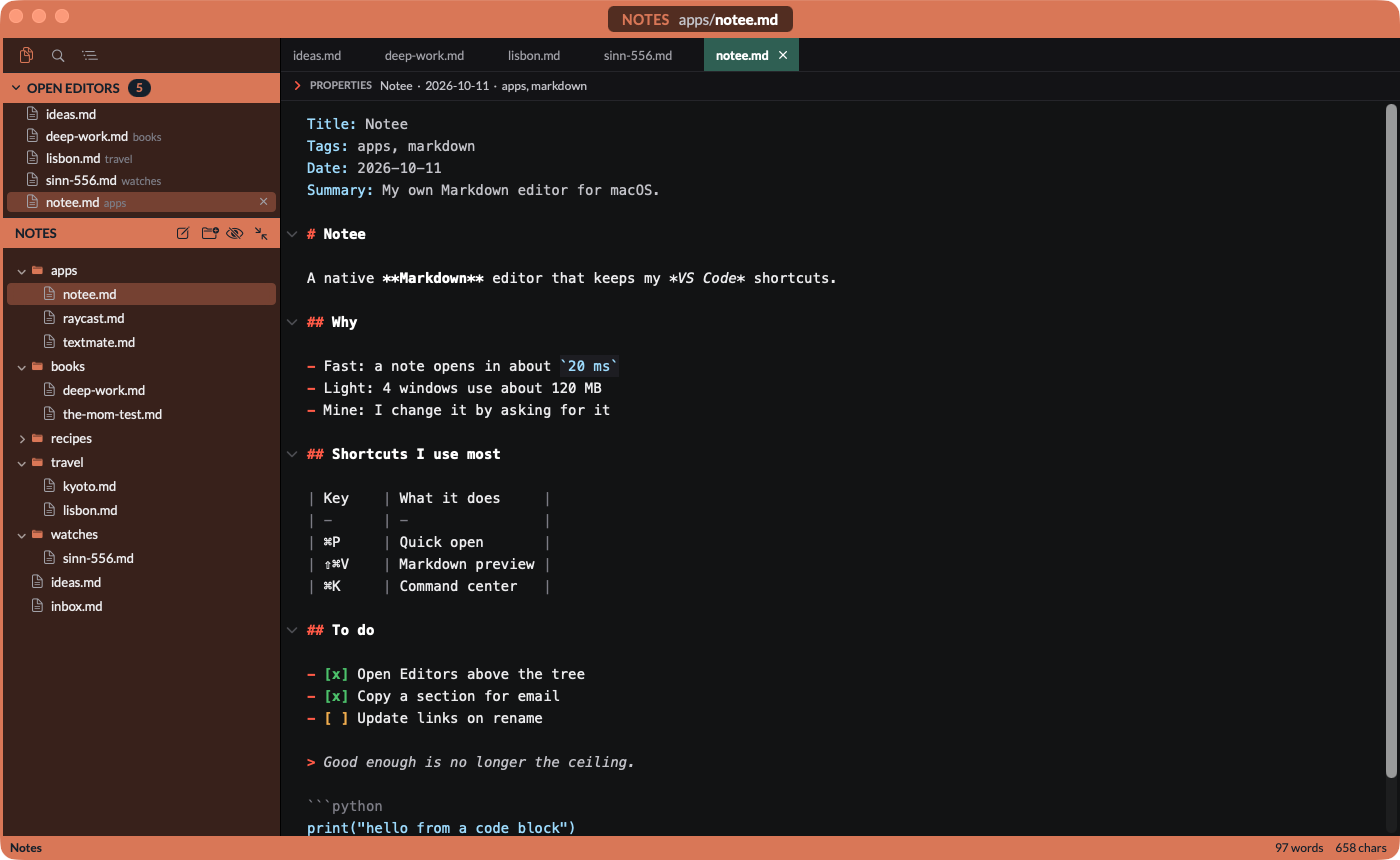 Notee with an orange workspace: Open Editors and the file tree in the sidebar, 5 tabs, and a Markdown note with coloured headings, a table and a to-do list
