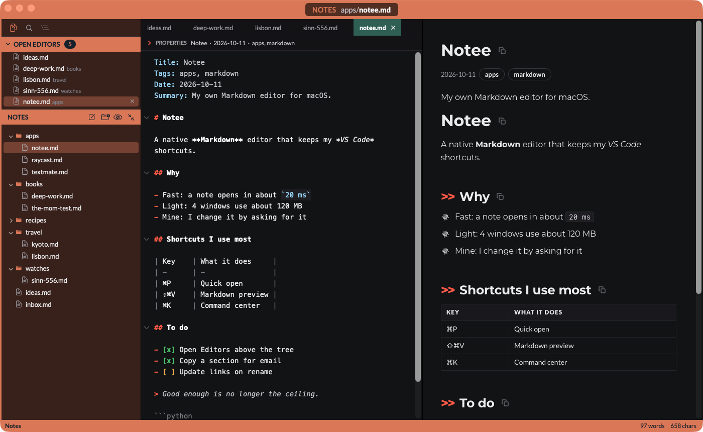 Notee with the Markdown preview open beside the editor: the same note rendered with red heading markers, tag pills and a table