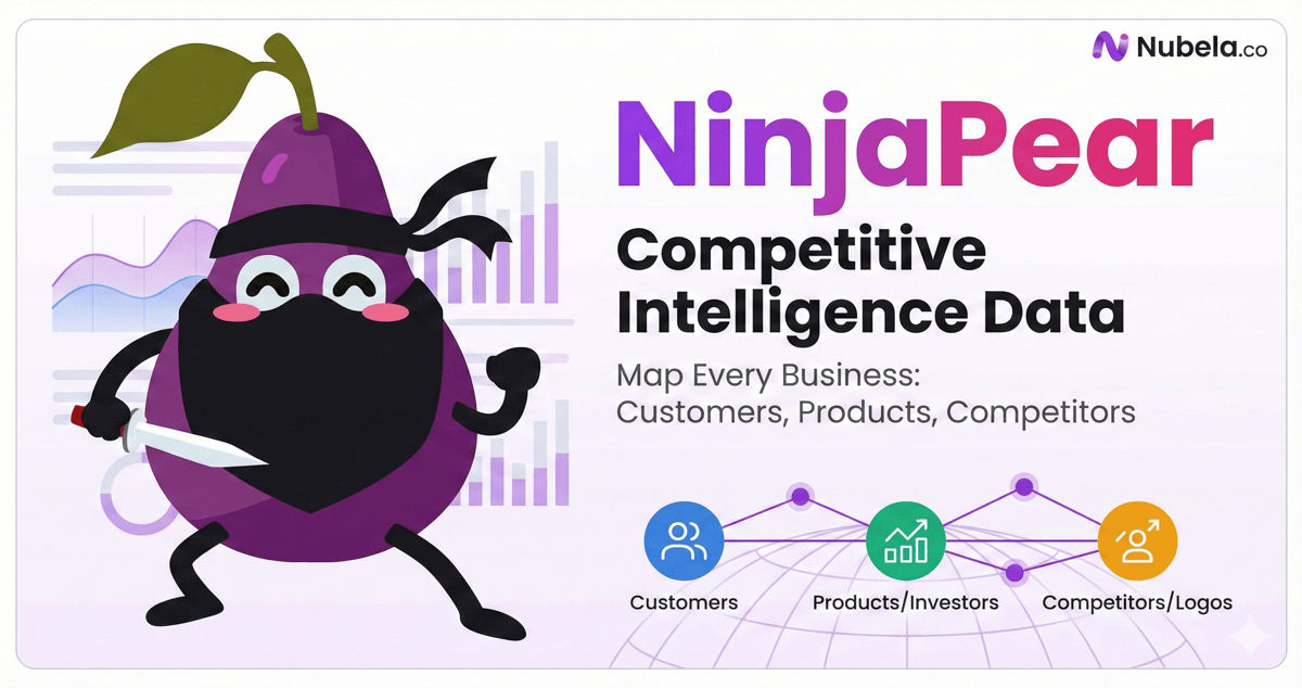 NinjaPear brand banner: a purple ninja pear mascot next to the tagline Competitive Intelligence Data, mapping customers, products and competitors