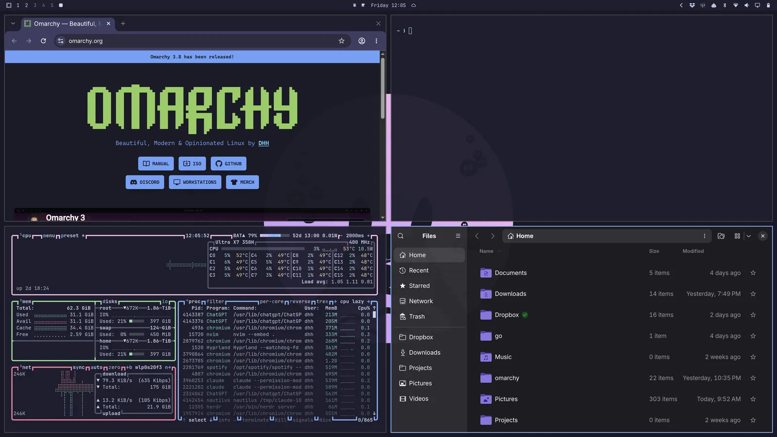 Omarchy desktop with four windows tiled into equal quadrants: a browser on omarchy.org, a terminal, btop showing CPU and memory, and the Nautilus file manager, under a thin top bar