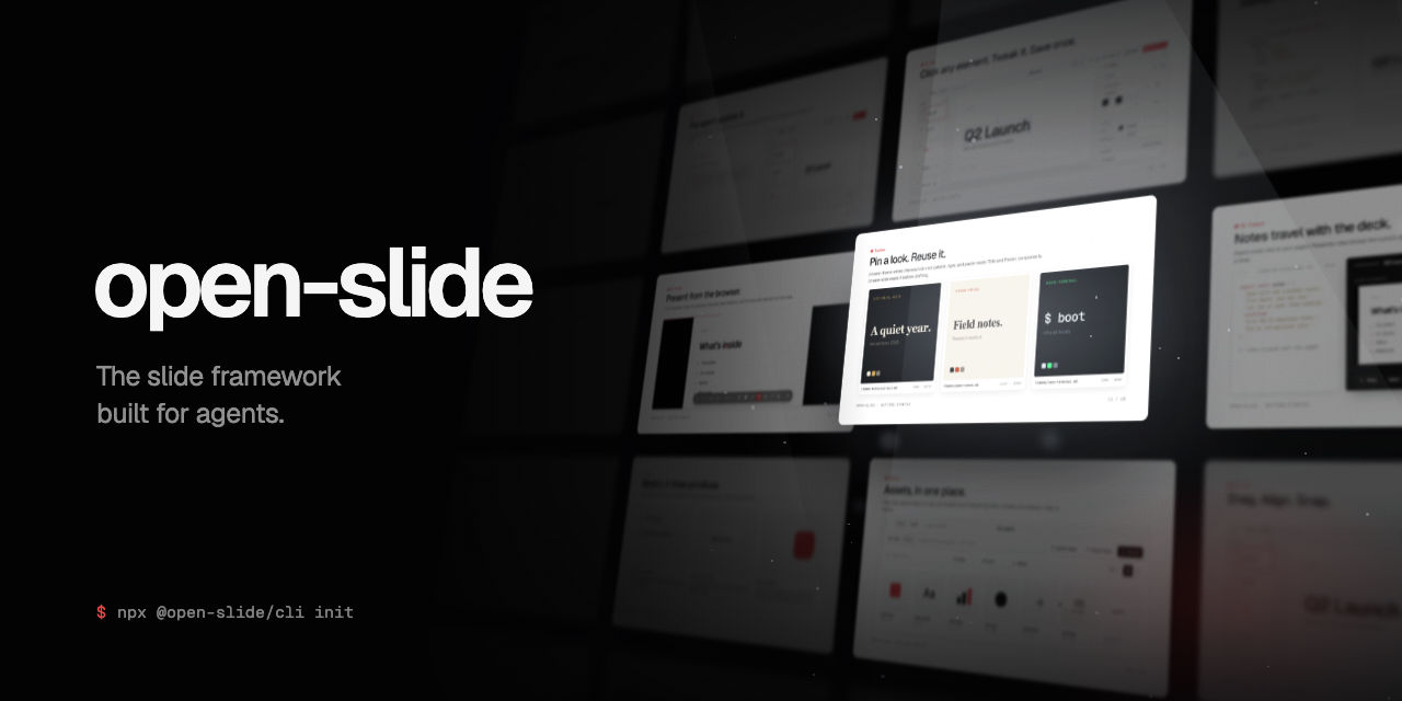 open-slide cover: the name and the line The slide framework built for agents on the left, and a wall of example slides on a dark background on the right