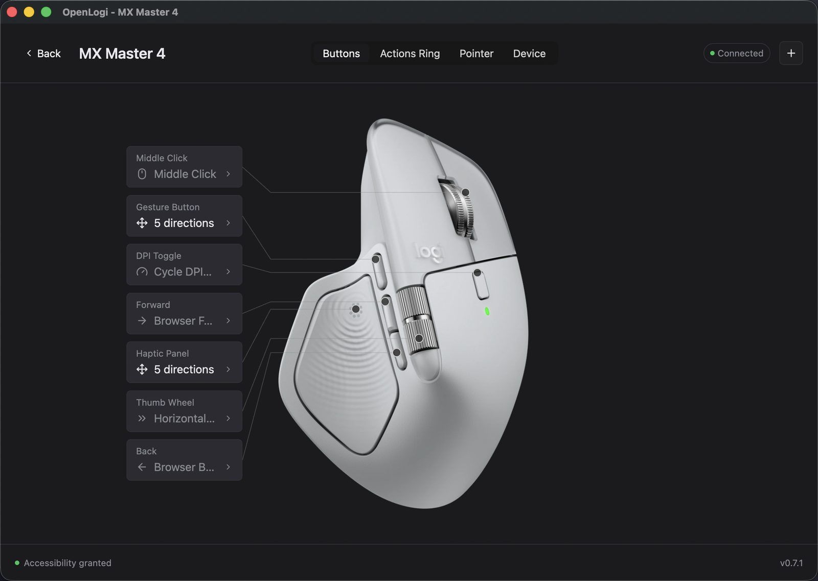 The OpenLogi app in dark mode showing an MX Master 4 rendered in 3D, with labelled callouts for middle click, gesture button, DPI toggle, forward, haptic panel, thumb wheel and back, each mapped to an action