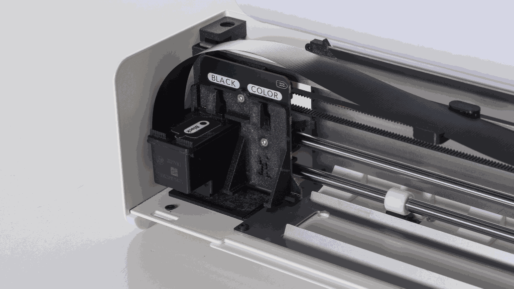 Inside OpenPrinter: the print carriage with slots labelled Black and Color, a belt drive and 2 steel guide rods