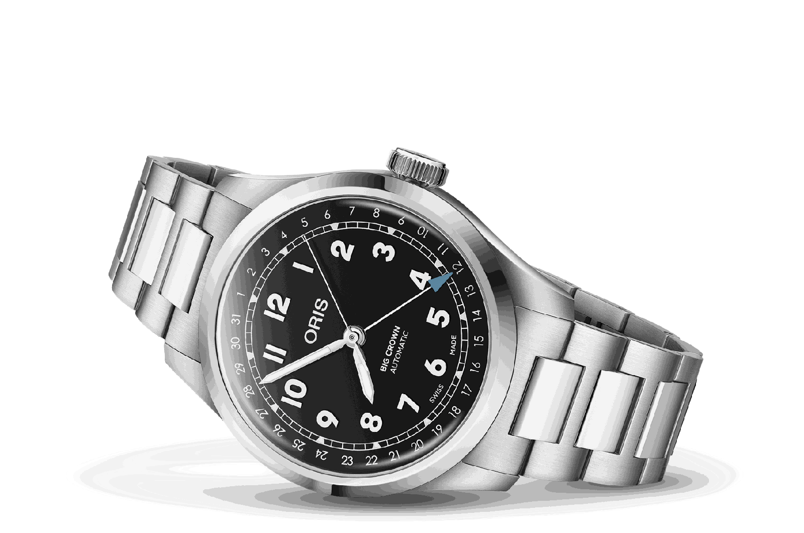 The same Oris Big Crown Pointer Date with a flat black dial and the single blue pointer-date arrow, on the steel H-link bracelet