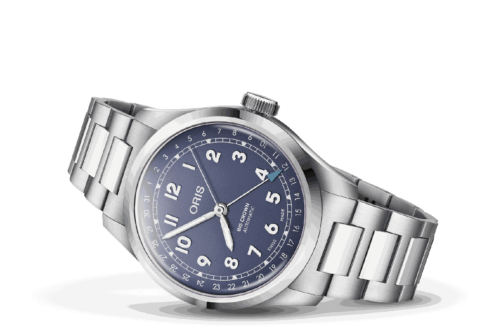 Oris Big Crown Pointer Date at three-quarters, soft blue-violet dial with white Arabic numerals and a blue pointer-date arrow, on a polished and brushed H-link bracelet