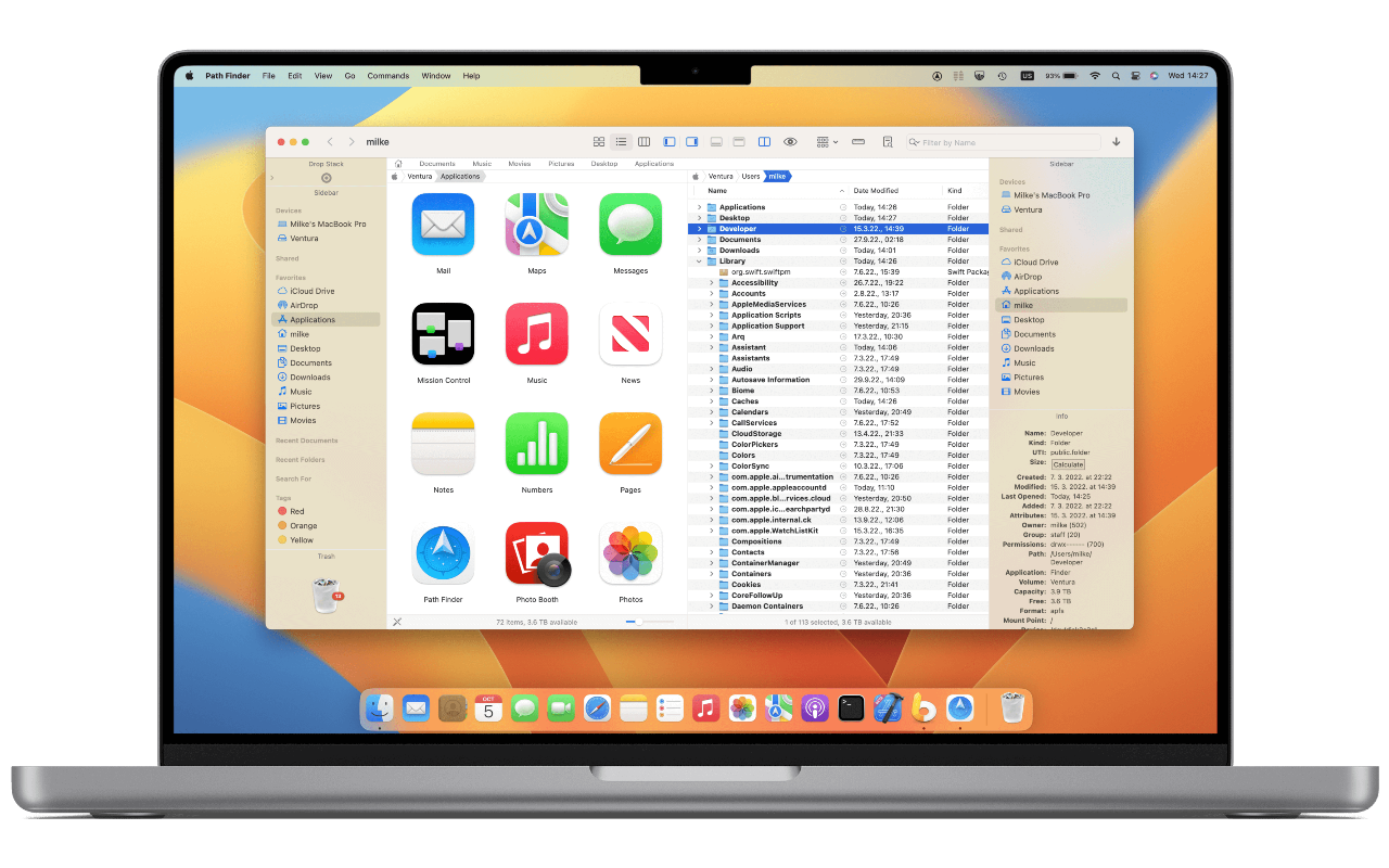 Path Finder on a MacBook Pro: 2 panes with app icons on the left and a list of folders on the right, a sidebar of devices and favourites, the Drop Stack at the top left and an Info panel on the right