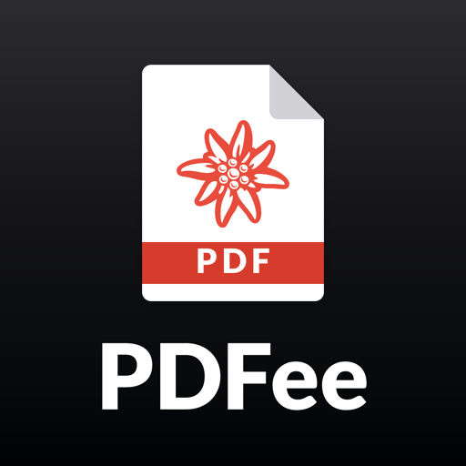 The PDFee app icon: a white PDF page with a red edelweiss and a red PDF band on a dark gradient square, with the name PDFee under it